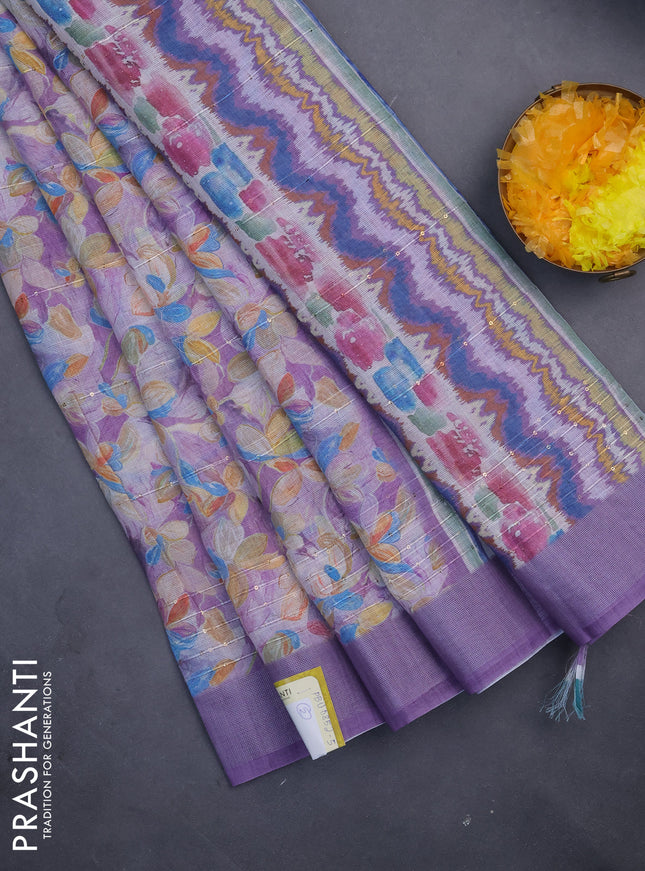 Linen cotton saree lavender with floral prints & sequin work and silver zari woven border