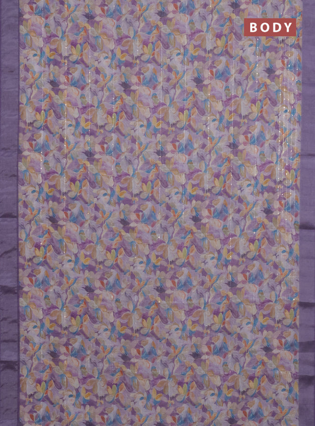 Linen cotton saree lavender with floral prints & sequin work and silver zari woven border