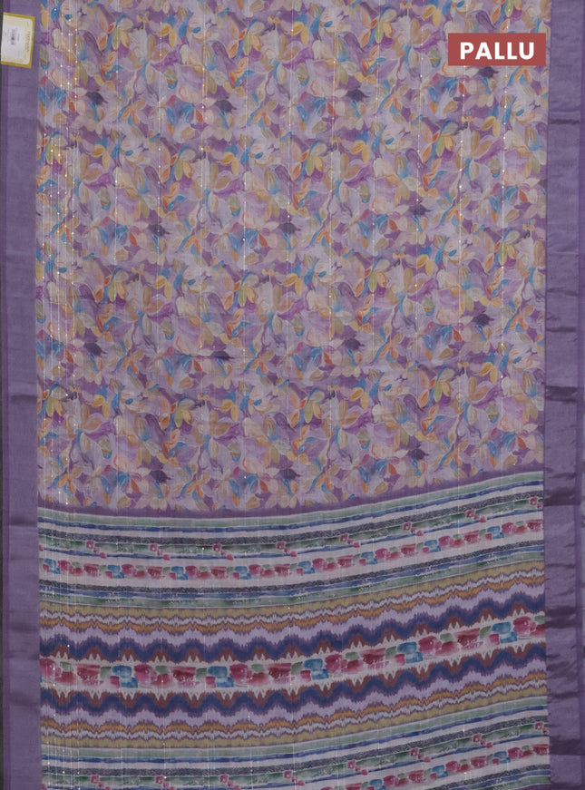 Linen cotton saree lavender with floral prints & sequin work and silver zari woven border