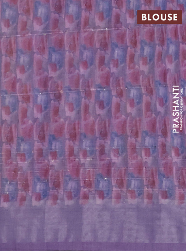 Linen cotton saree lavender with floral prints & sequin work and silver zari woven border