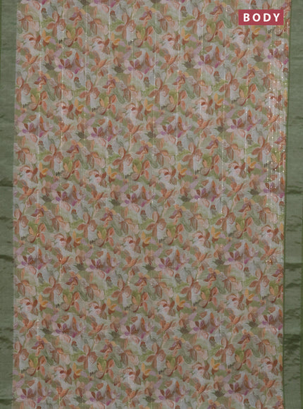 Linen cotton saree light green with floral prints & sequin work and silver zari woven border