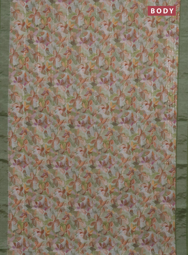 Linen cotton saree light green with floral prints & sequin work and silver zari woven border
