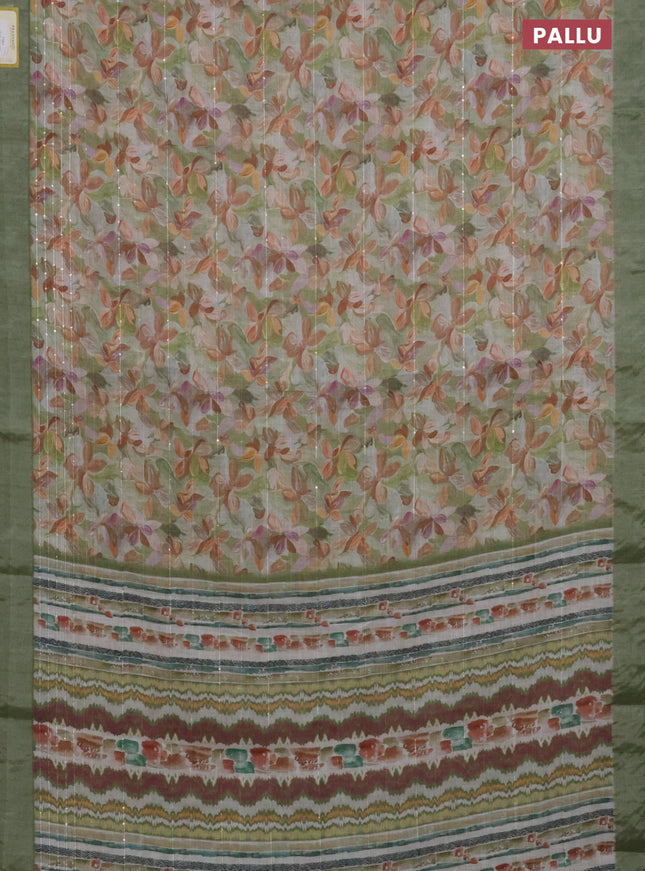 Linen cotton saree light green with floral prints & sequin work and silver zari woven border