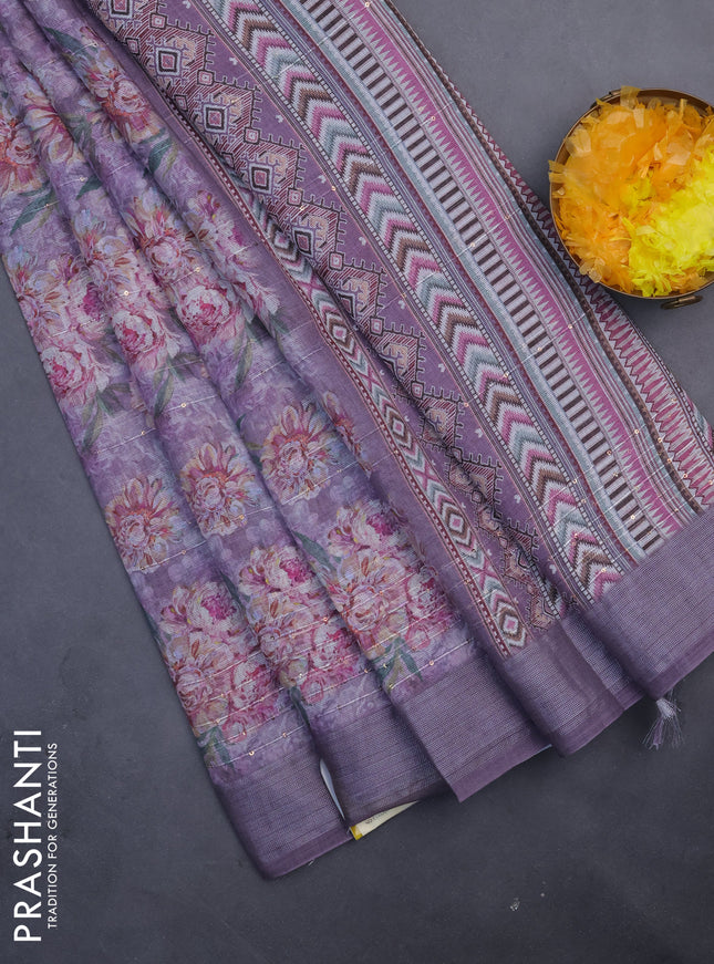 Linen cotton saree purple shade with floral prints & sequin work and silver zari woven border
