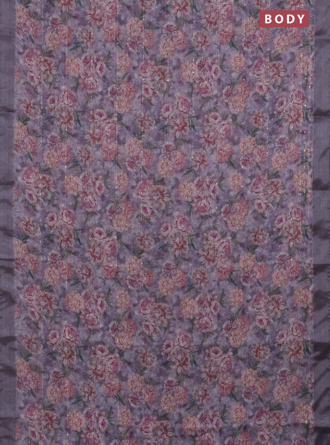 Linen cotton saree purple shade with floral prints & sequin work and silver zari woven border