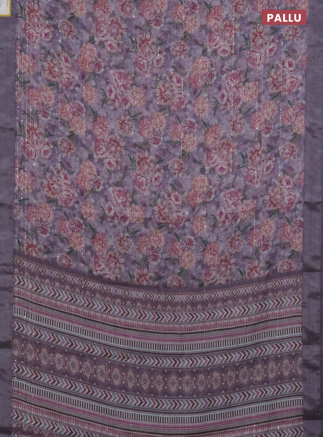 Linen cotton saree purple shade with floral prints & sequin work and silver zari woven border