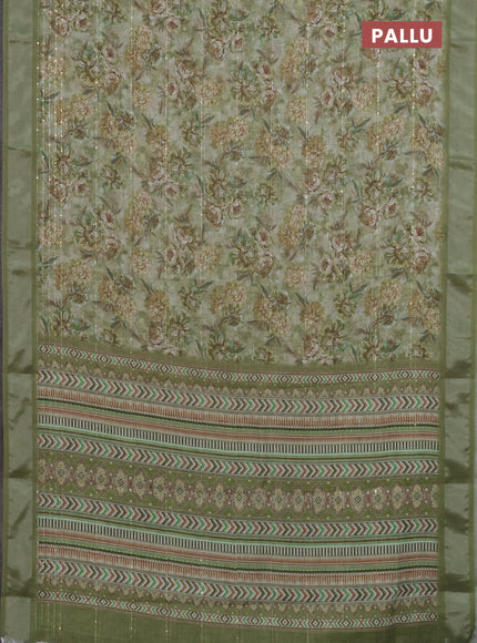 Linen cotton saree sap green with floral prints & sequin work and silver zari woven border