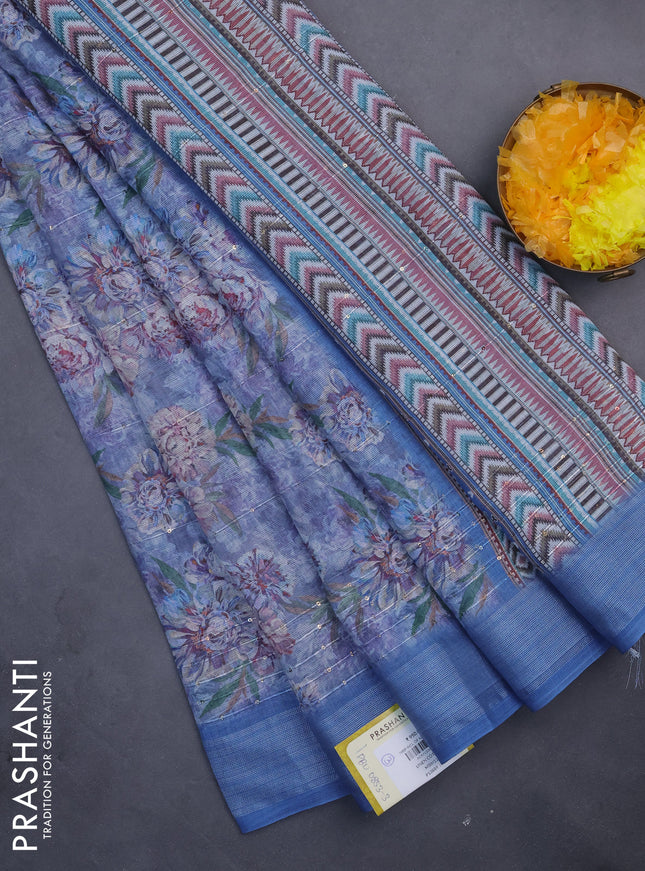 Linen cotton saree blue shade with floral prints & sequin work and silver zari woven border