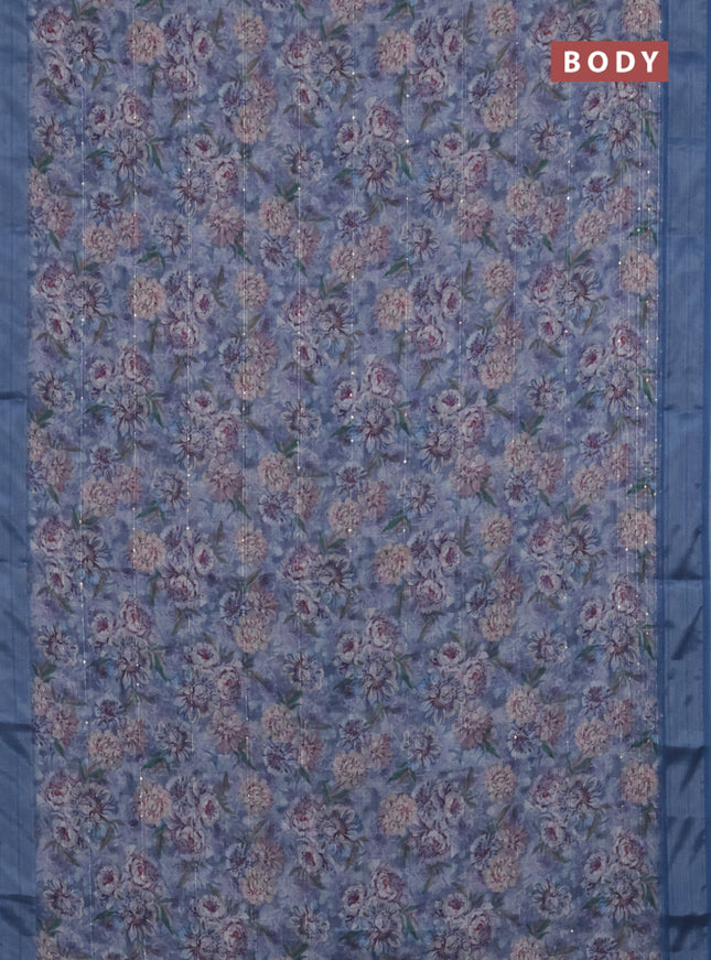 Linen cotton saree blue shade with floral prints & sequin work and silver zari woven border