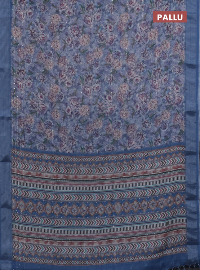 Linen cotton saree blue shade with floral prints & sequin work and silver zari woven border