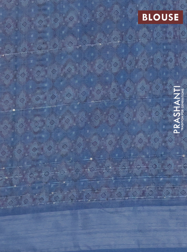 Linen cotton saree blue shade with floral prints & sequin work and silver zari woven border