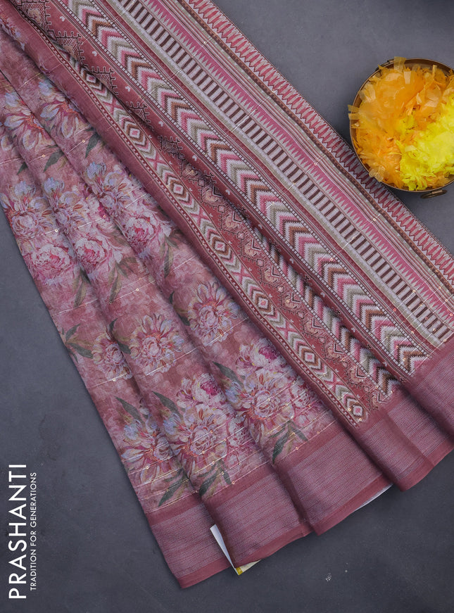 Linen cotton saree maroon shade with floral prints & sequin work and silver zari woven border