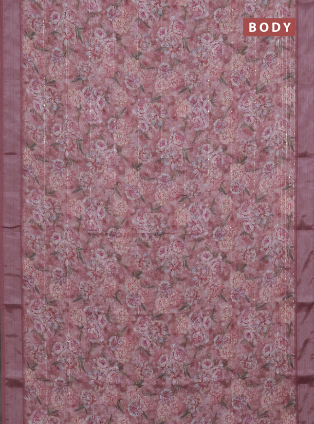 Linen cotton saree maroon shade with floral prints & sequin work and silver zari woven border