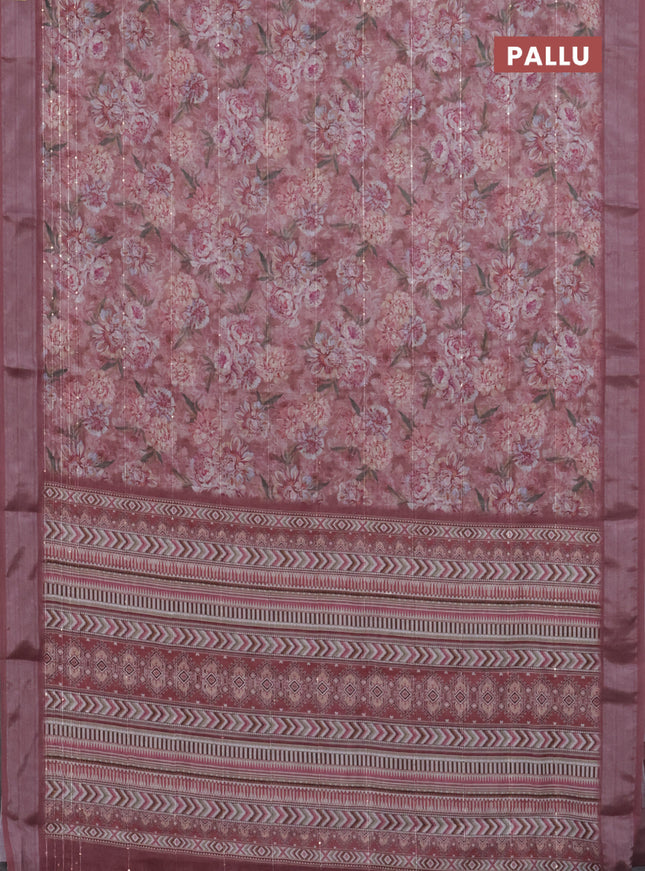 Linen cotton saree maroon shade with floral prints & sequin work and silver zari woven border