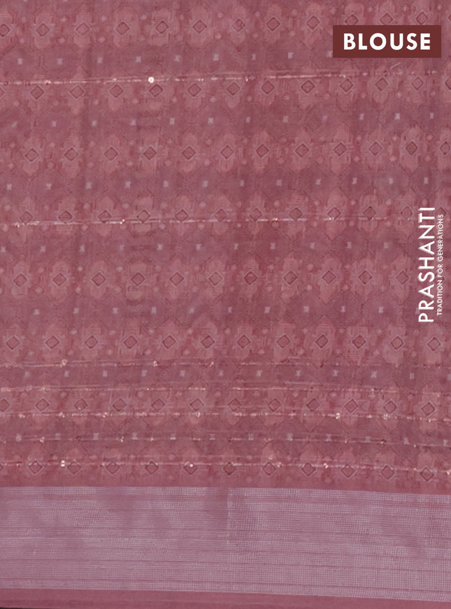 Linen cotton saree maroon shade with floral prints & sequin work and silver zari woven border