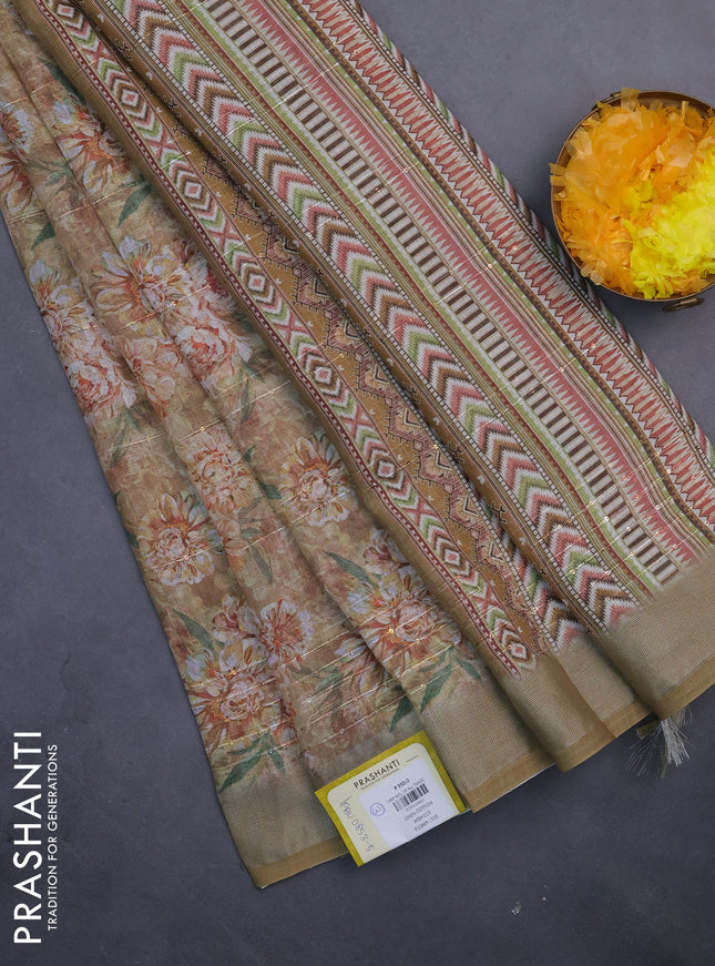 Linen cotton saree dark sandal with floral prints & sequin work and silver zari woven border