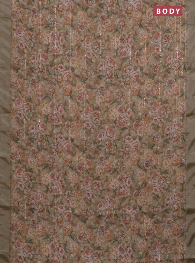 Linen cotton saree dark sandal with floral prints & sequin work and silver zari woven border