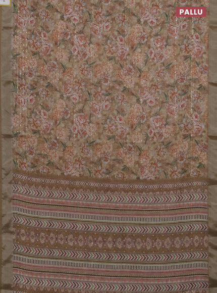 Linen cotton saree dark sandal with floral prints & sequin work and silver zari woven border