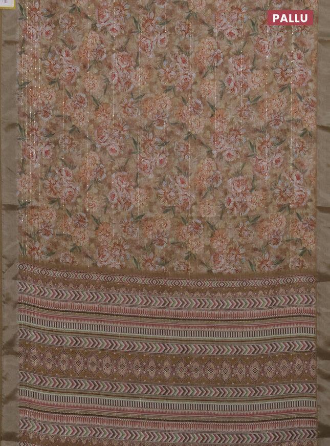 Linen cotton saree dark sandal with floral prints & sequin work and silver zari woven border