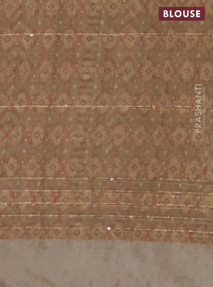 Linen cotton saree dark sandal with floral prints & sequin work and silver zari woven border