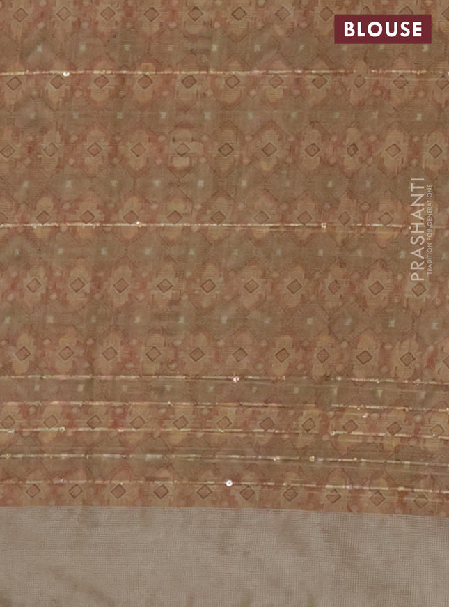 Linen cotton saree dark sandal with floral prints & sequin work and silver zari woven border