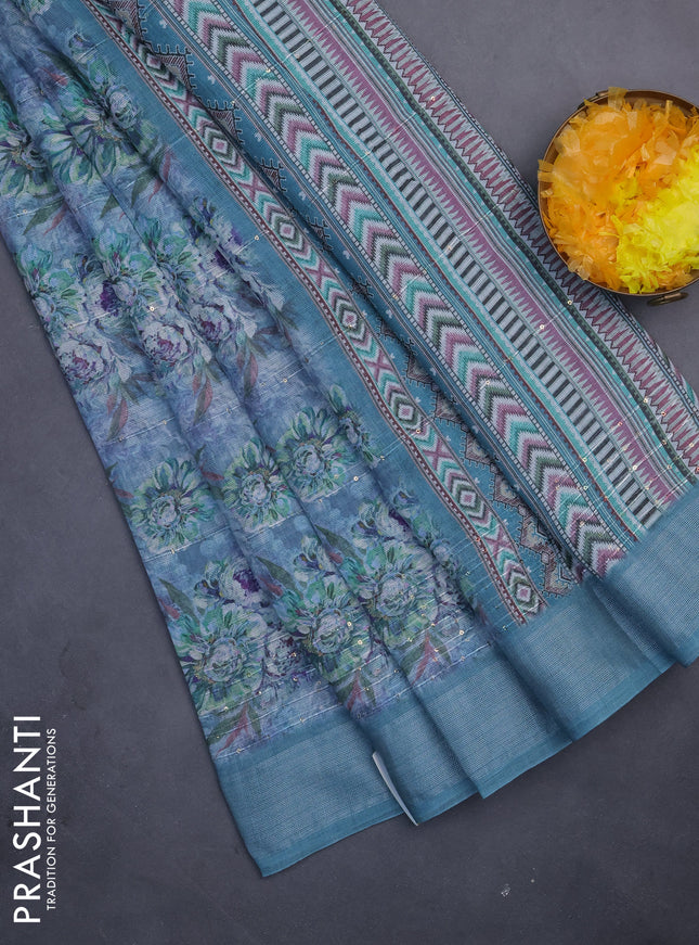 Linen cotton saree pastel blue with floral prints & sequin work and silver zari woven border