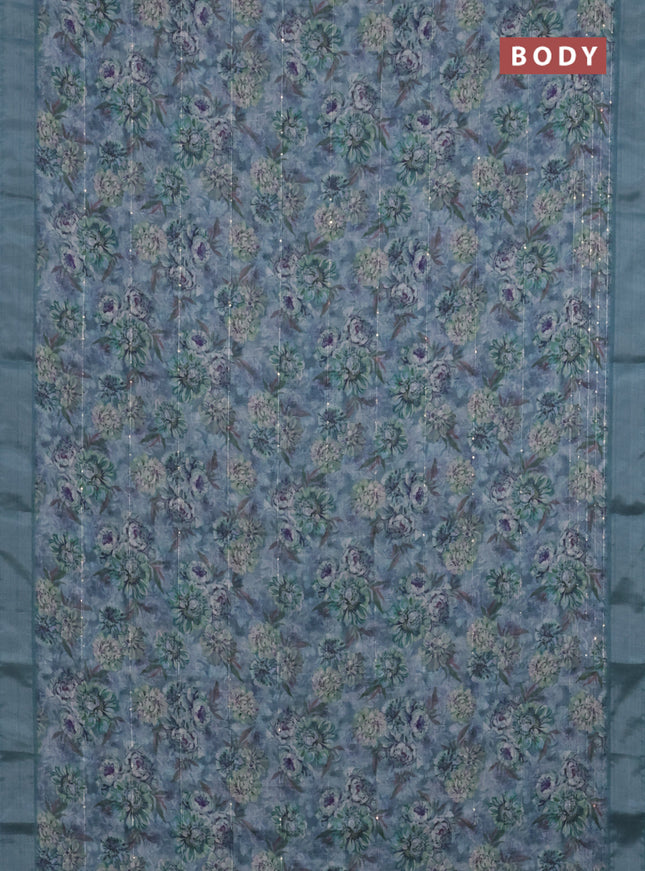 Linen cotton saree pastel blue with floral prints & sequin work and silver zari woven border