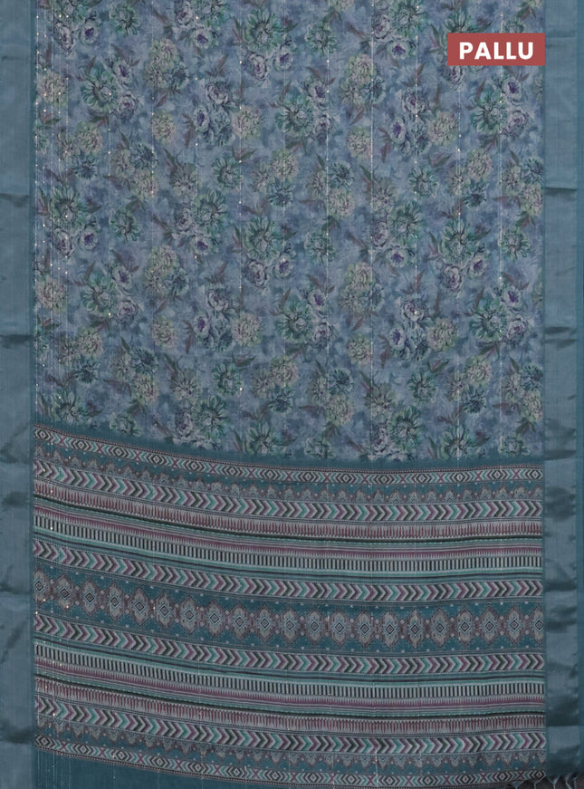 Linen cotton saree pastel blue with floral prints & sequin work and silver zari woven border