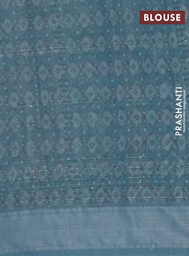 Linen cotton saree pastel blue with floral prints & sequin work and silver zari woven border