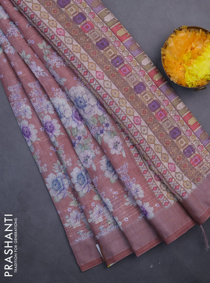 Linen cotton saree rust shade with floral prints & sequin work and silver zari woven border