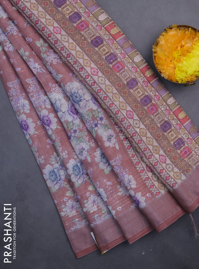 Linen cotton saree rust shade with floral prints & sequin work and silver zari woven border