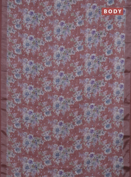 Linen cotton saree rust shade with floral prints & sequin work and silver zari woven border