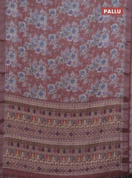 Linen cotton saree rust shade with floral prints & sequin work and silver zari woven border