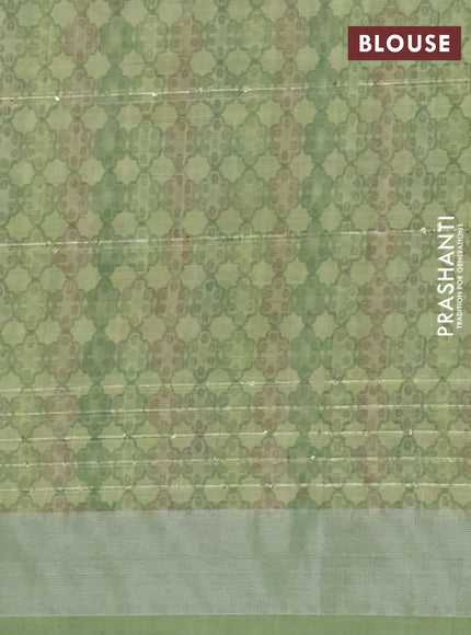 Linen cotton saree green with floral prints & sequin work and silver zari woven border