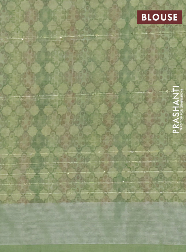 Linen cotton saree green with floral prints & sequin work and silver zari woven border