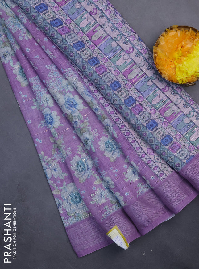 Linen cotton saree lavender with floral prints & sequin work and silver zari woven border