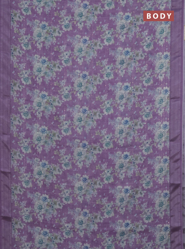 Linen cotton saree lavender with floral prints & sequin work and silver zari woven border