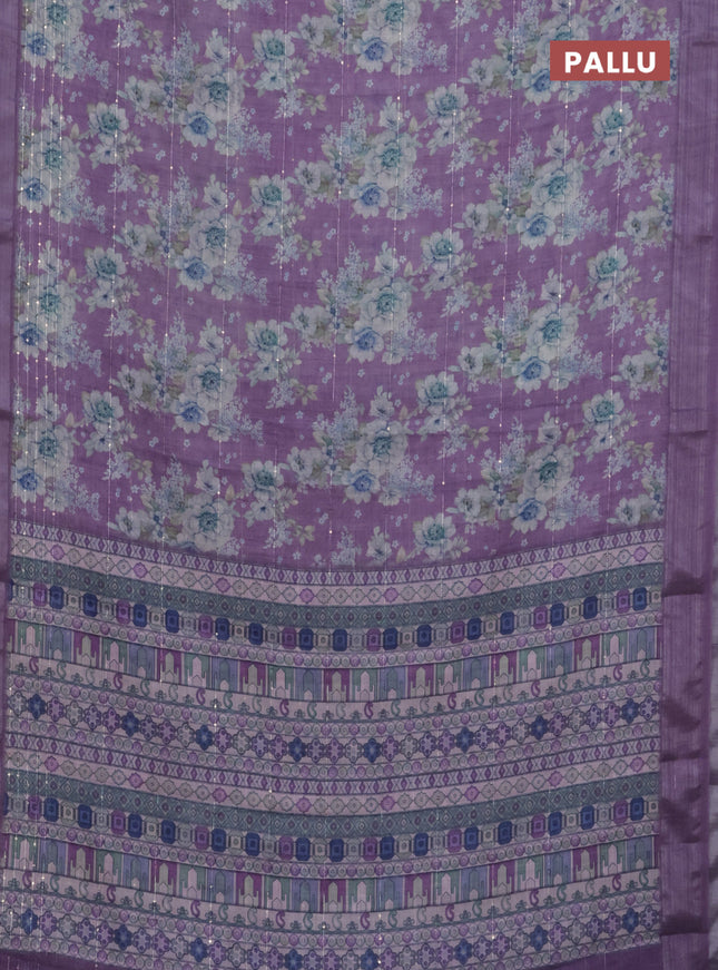 Linen cotton saree lavender with floral prints & sequin work and silver zari woven border