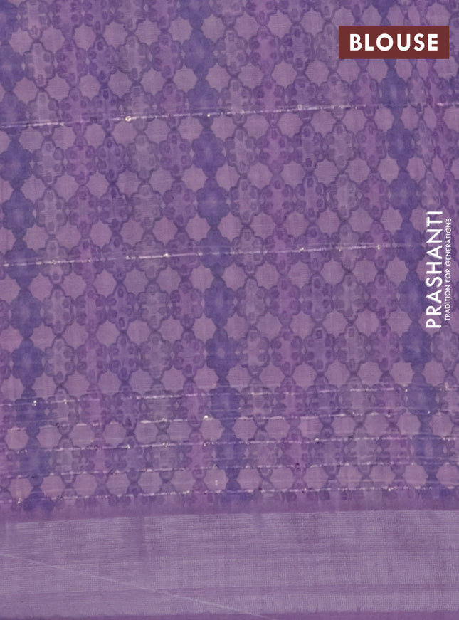 Linen cotton saree lavender with floral prints & sequin work and silver zari woven border