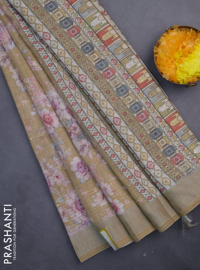 Linen cotton saree dark sandal with floral prints & sequin work and silver zari woven border