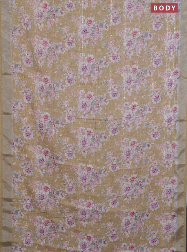 Linen cotton saree dark sandal with floral prints & sequin work and silver zari woven border