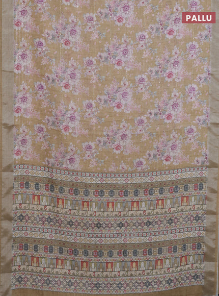 Linen cotton saree dark sandal with floral prints & sequin work and silver zari woven border