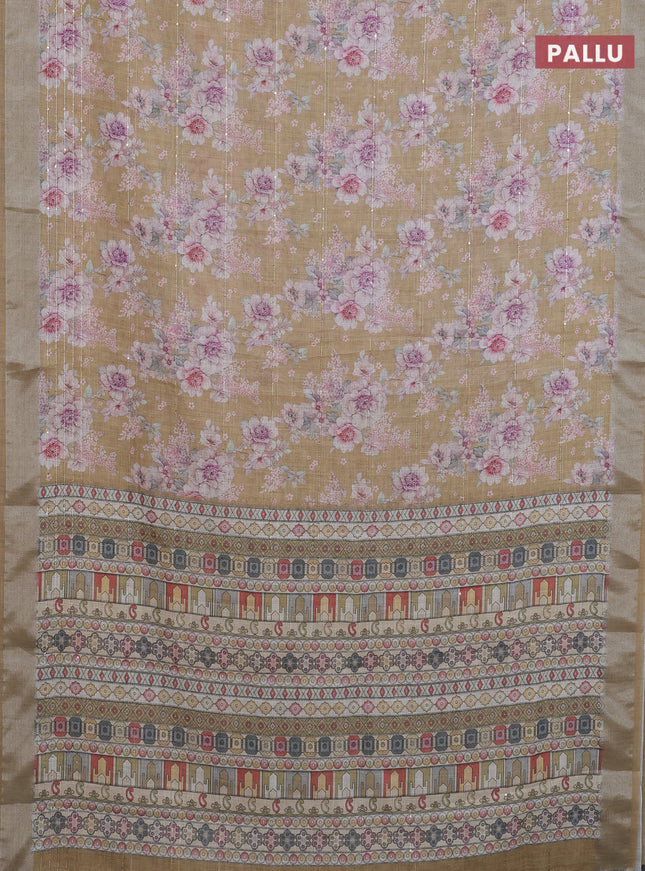 Linen cotton saree dark sandal with floral prints & sequin work and silver zari woven border