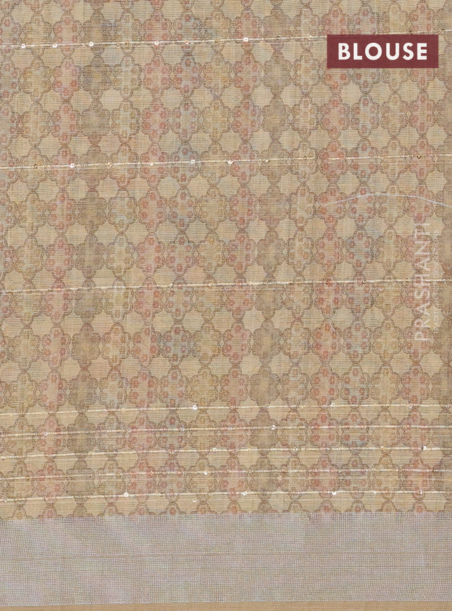 Linen cotton saree dark sandal with floral prints & sequin work and silver zari woven border