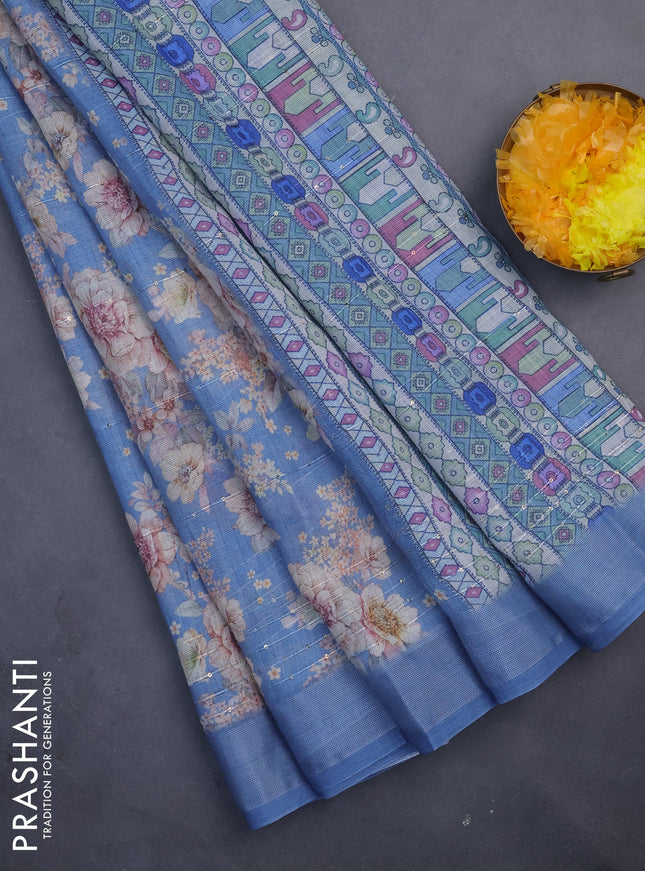 Linen cotton saree pastel blue with floral prints & sequin work and silver zari woven border