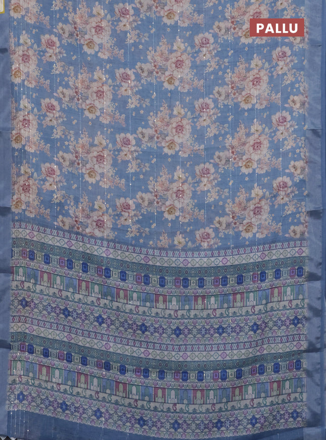 Linen cotton saree pastel blue with floral prints & sequin work and silver zari woven border