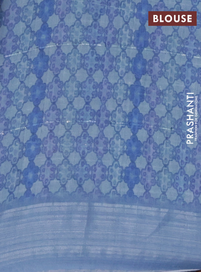 Linen cotton saree pastel blue with floral prints & sequin work and silver zari woven border