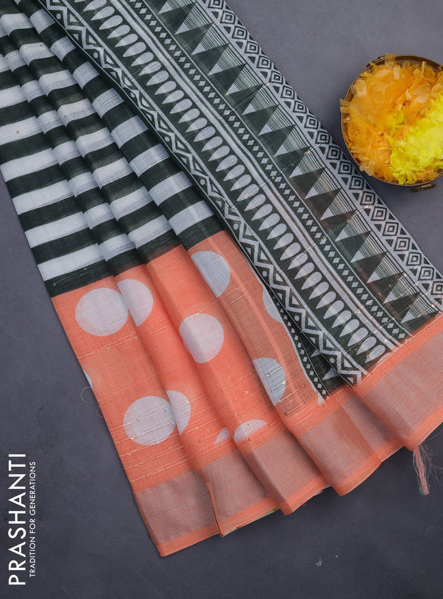 Linen cotton saree off white green and orange with stripes pattern & sequin work and silver zari woven border