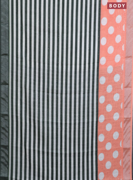 Linen cotton saree off white green and orange with stripes pattern & sequin work and silver zari woven border