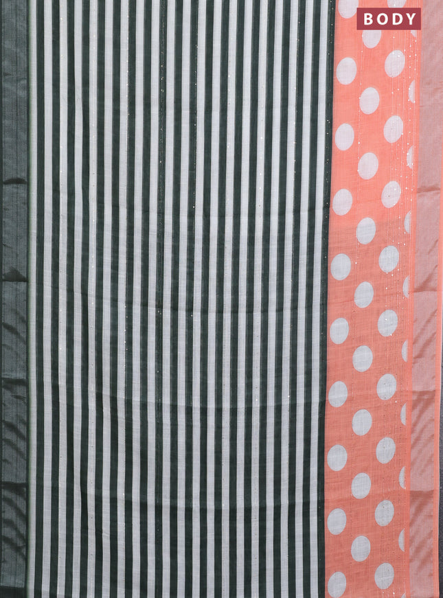 Linen cotton saree off white green and orange with stripes pattern & sequin work and silver zari woven border